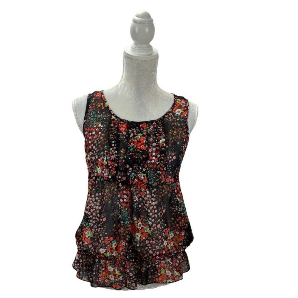 BCX Blouse‎ Sleeveless Ruffle Ditsy Floral Size L